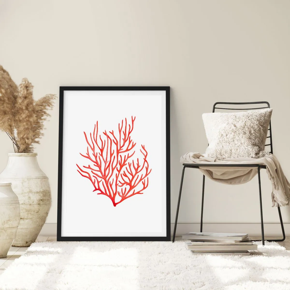 Plagát v čiernom ráme - Červený koral na bielom pozadí v minimalistickom štýle - 50x70cm - Koralový filigrán - Moderná nástenná dekorácia do obývacej izby a spálne ARTTOR