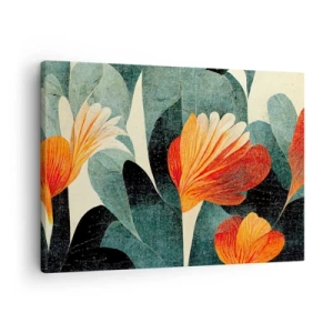 Obraz na plátne - Kvety v intenzívnych odtieňoch oranžovej a zelenej - 70x50cm - Tropické horúco a chlad zelene - Moderná nástenná dekorácia do obývacej izby a spálne ARTTOR