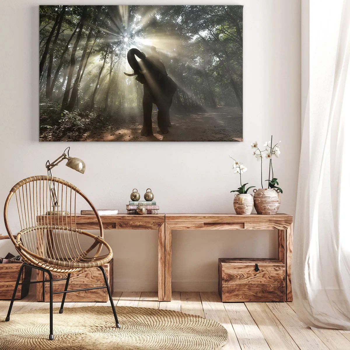 Obraz na plátne - Slon v lese obklopený lúčmi svetla v rannej hmle - 70x50cm - Pod šťastnou hviezdou - Moderná nástenná dekorácia do obývacej izby a spálne ARTTOR