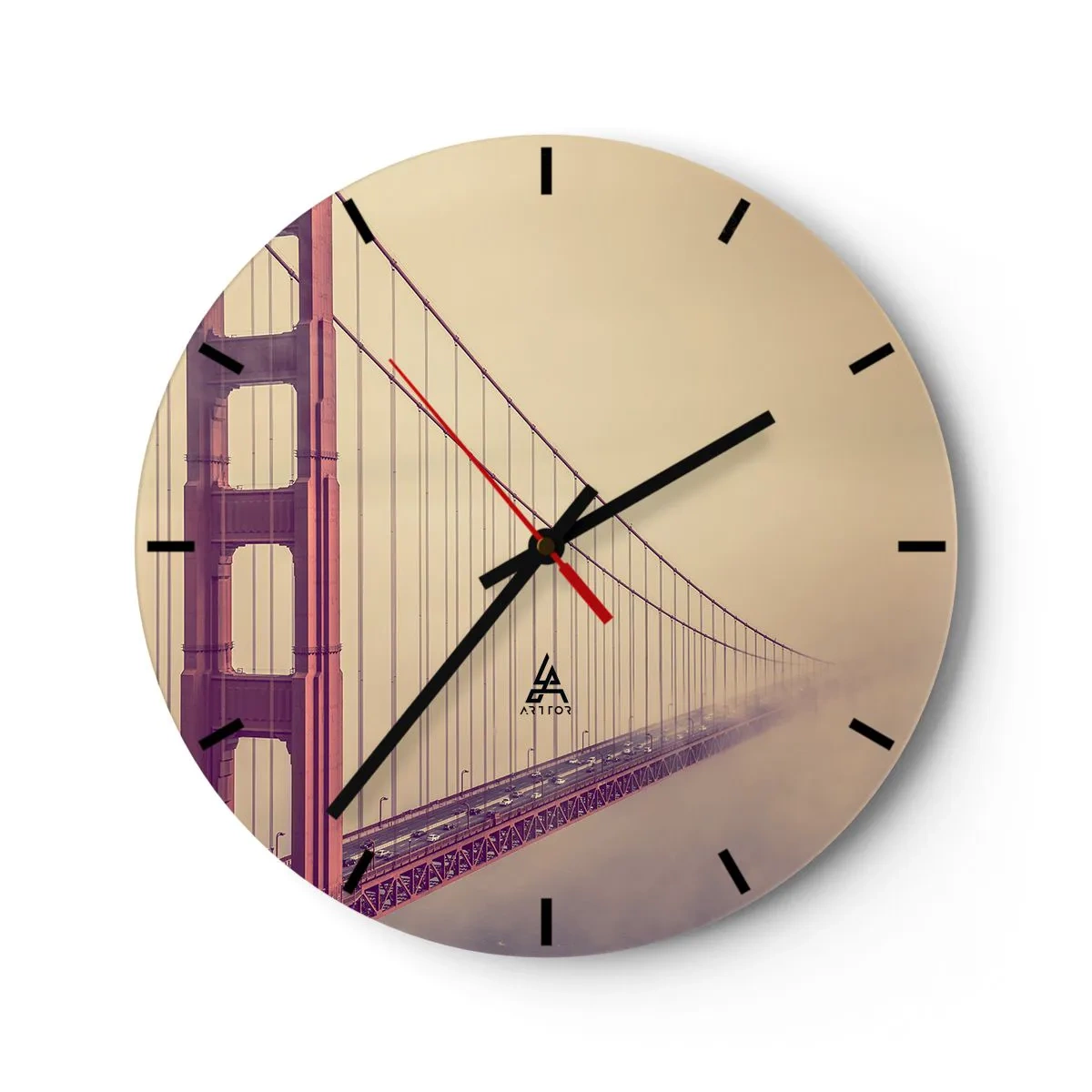 Nástenné hodiny - Most Golden Gate v hmlistom pozadí - 30x30cm - Medzi nebom a zemou - Moderná nástenná dekorácia do obývacej izby, kuchyne a spálne ARTTOR