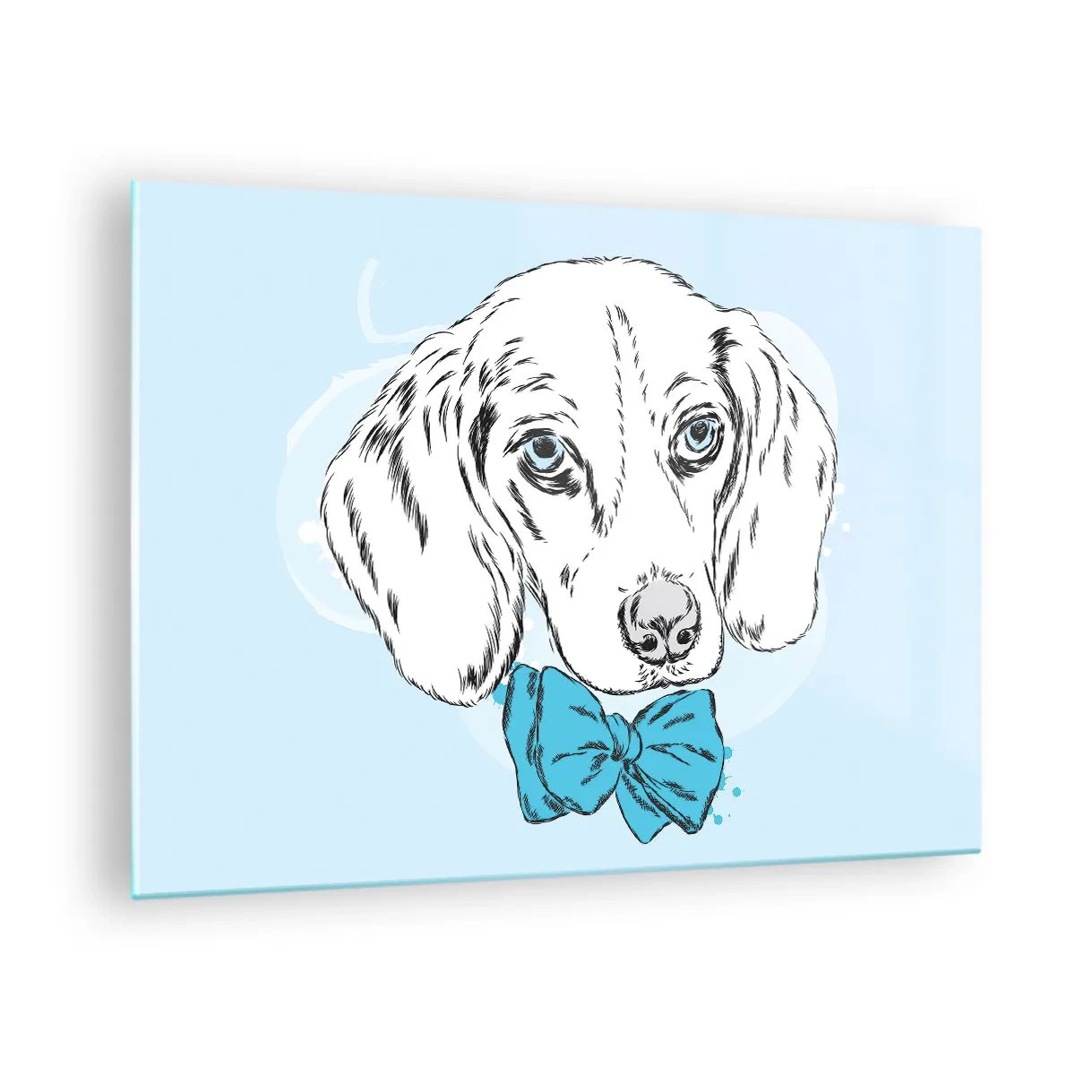 Obraz na skle - Kresba psa s motýlikom na modrom pozadí - 70x50cm - Psia elegancia - Moderná nástenná dekorácia do obývacej izby a spálne ARTTOR