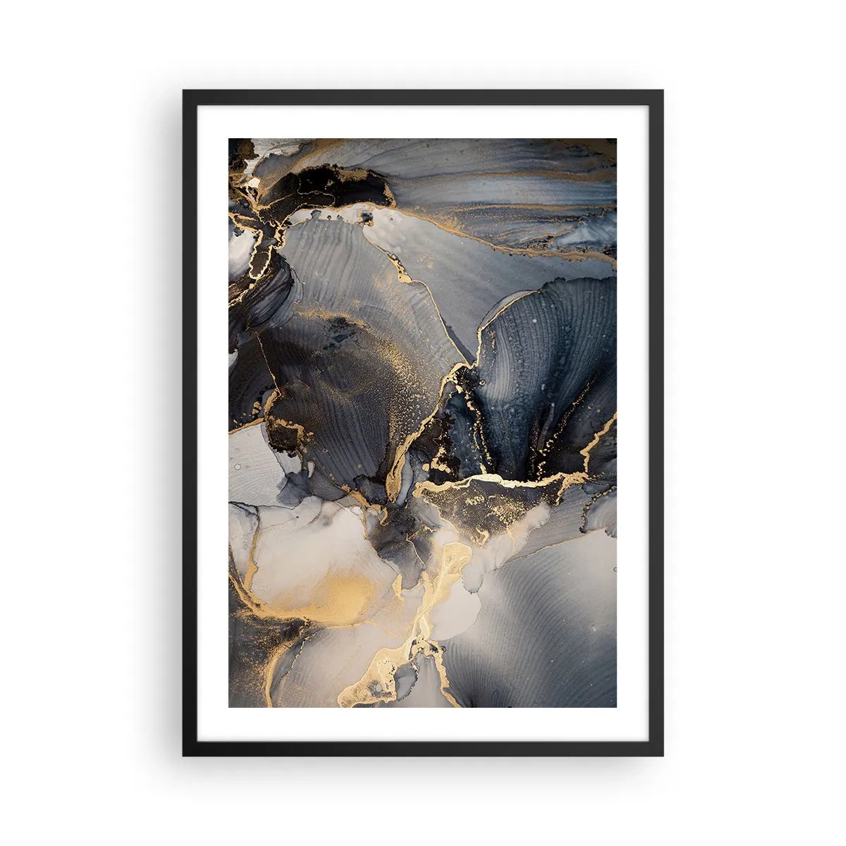 Plagát v čiernom ráme - Abstraktná kompozícia v tmavých odtieňoch so zlatými akcentmi. - 50x70cm - Život kameňa - Moderná nástenná dekorácia do obývacej izby a spálne ARTTOR