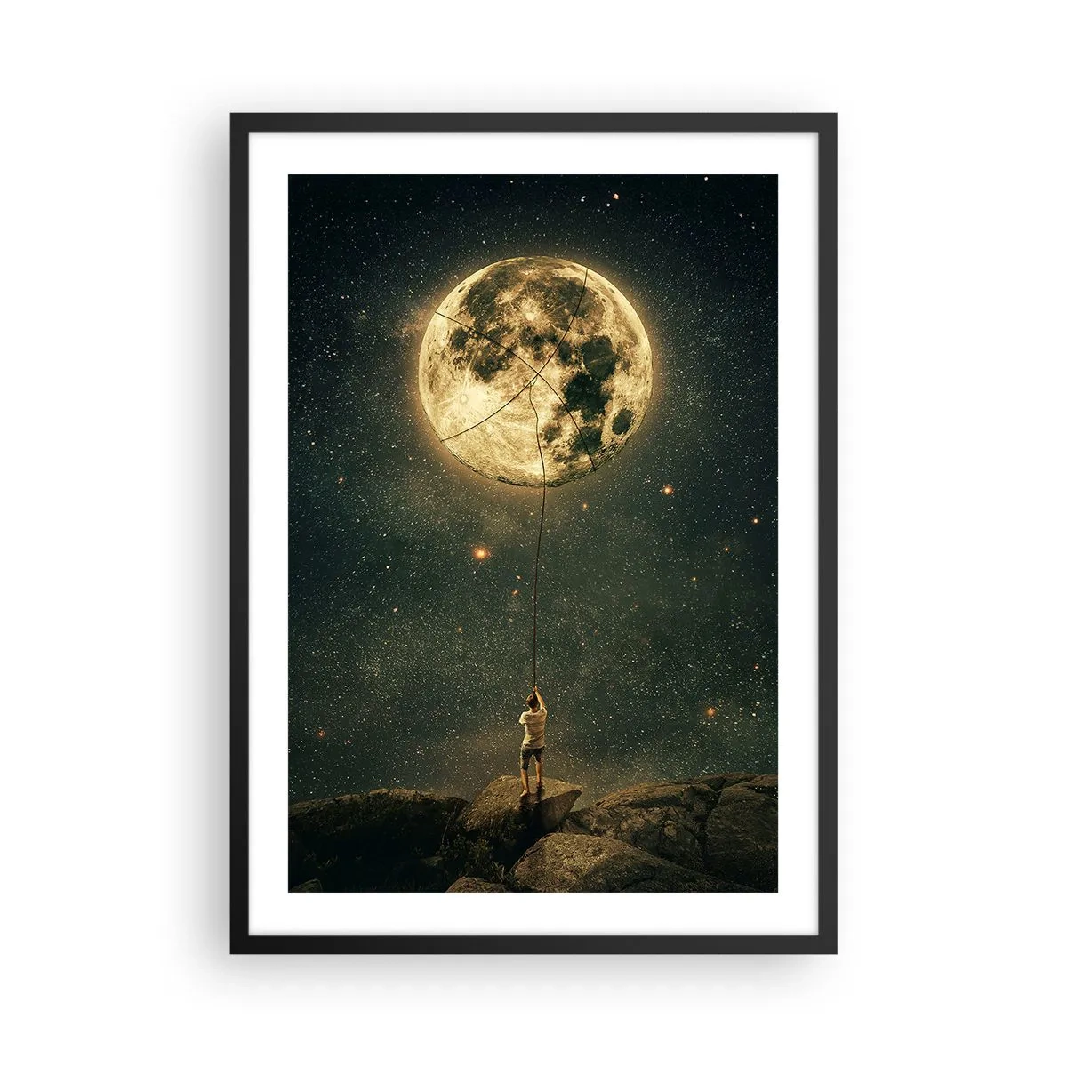Plagát v čiernom ráme - Postava držiaca mesiac na lane v hviezdnej krajine. - 50x70cm - Chlap, ktorý ukradol mesiac - Moderná nástenná dekorácia do obývacej izby a spálne ARTTOR