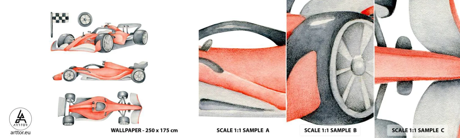 Vzorka samolepiacej fototapety Deluxe Sticker - Dobehnúť sen - Závodné autá, Autá, Detský - 100x30 cm