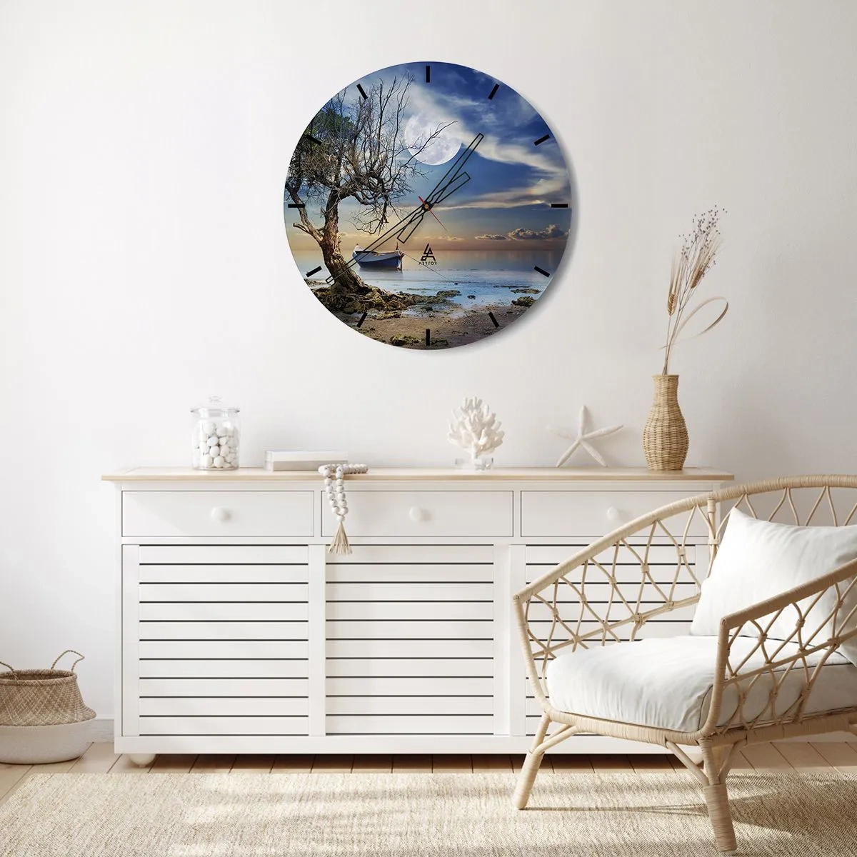 Nástenné hodiny - Loď pri brehu s mesiacom v pozadí - 30x30cm - Je to koniec alebo začiatok? - Moderná nástenná dekorácia do obývacej izby, kuchyne a spálne ARTTOR