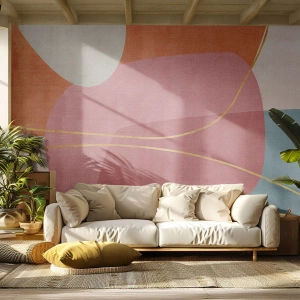 Fototapeta Standard Eco - Pastelové farebné škvrny a zlaté čiary na svetlom pozadí - 100x70cm - Pastelová kompozícia so zlatou niťou - Moderná nástenná dekorácia do obývacej izby a spálne ARTTOR