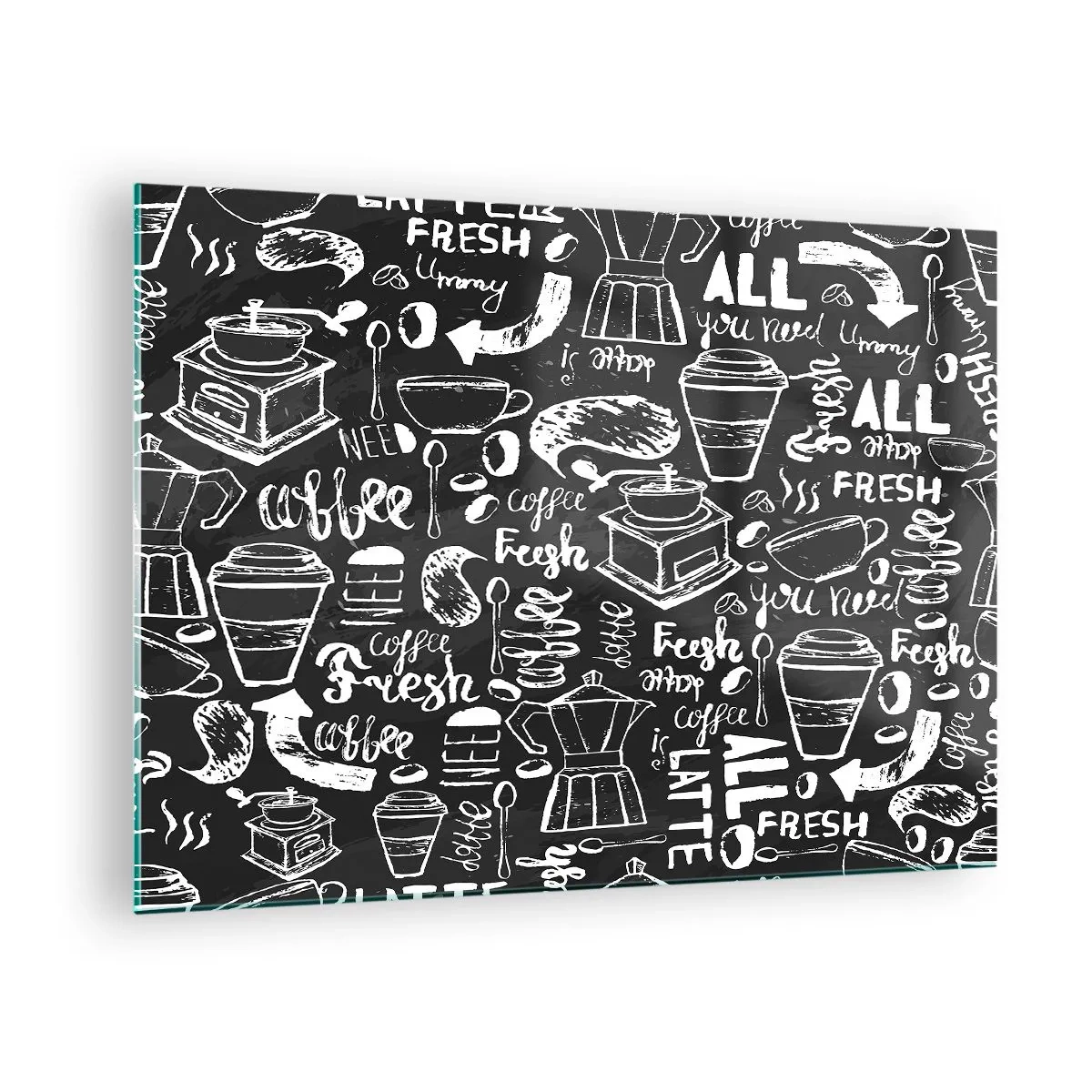 Obraz na skle - Grafika a nápisy s kávou na čiernom pozadí v retro štýle - 70x50cm - All you need is… - Moderná nástenná dekorácia do obývacej izby a spálne ARTTOR