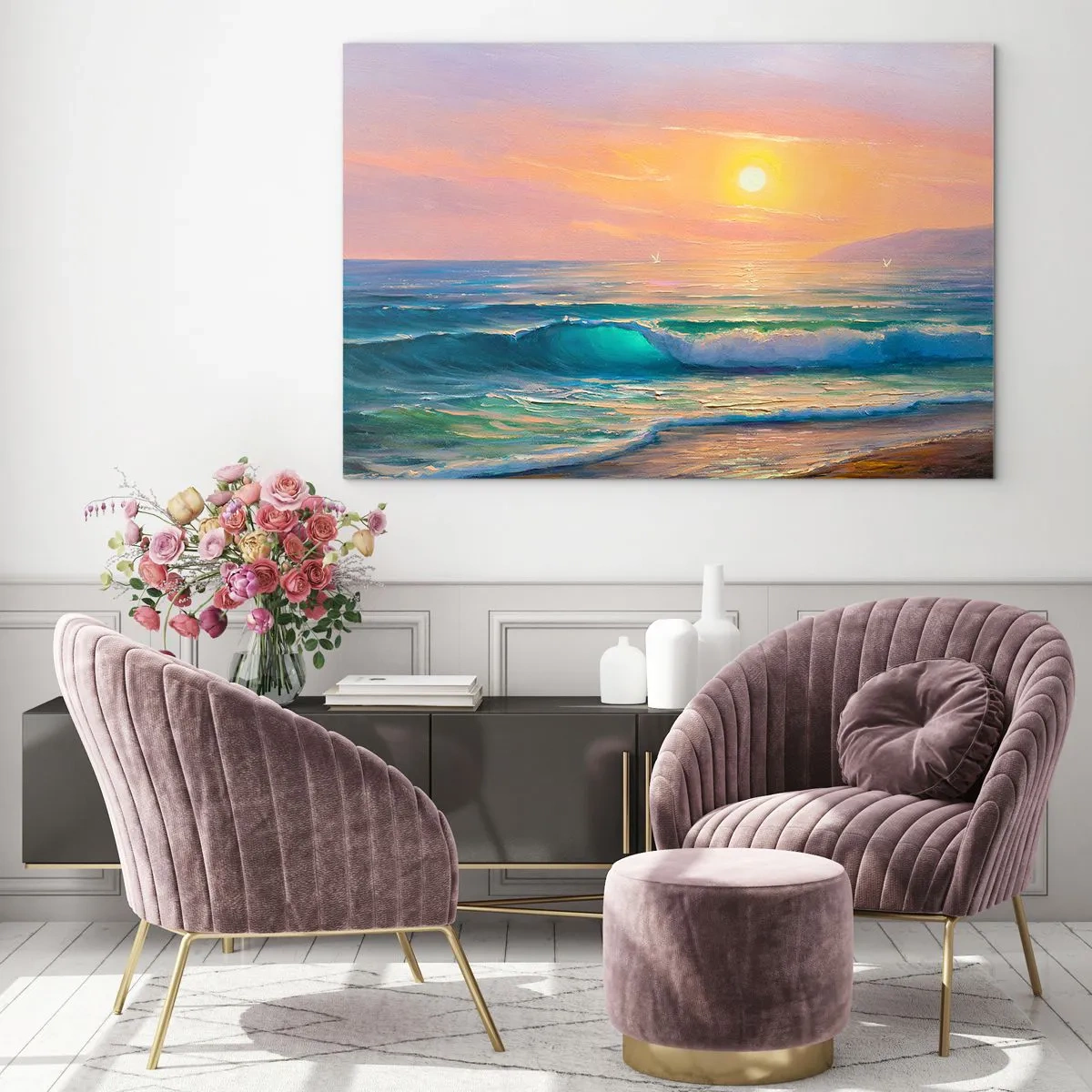 Obraz na skle - Prímorská krajina s vlnami a západom slnka v tyrkysových odtieňoch - 70x50cm - Tyrkysová pieseň vĺn - Moderná nástenná dekorácia do obývacej izby a spálne ARTTOR