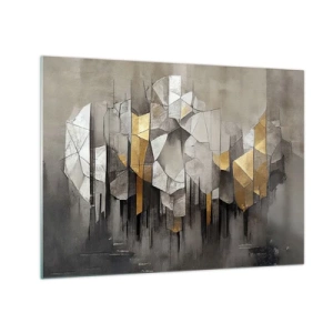 Obraz na skle - Abstraktné tvary v odtieňoch sivej, bielej a zlatej - 70x50cm - Kompozícia z ľadu a svetla - Moderná nástenná dekorácia do obývacej izby a spálne ARTTOR