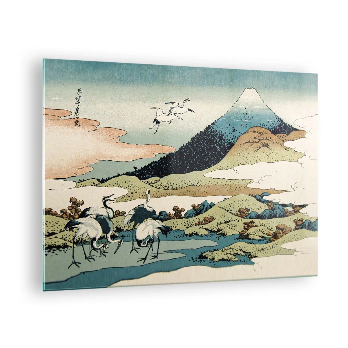 Obraz na skle - Maľba vtákov v japonskej krajine s výhľadom na horu Fudži. - 70x50cm - V japonskom duchu - Moderná nástenná dekorácia do obývacej izby a spálne ARTTOR
