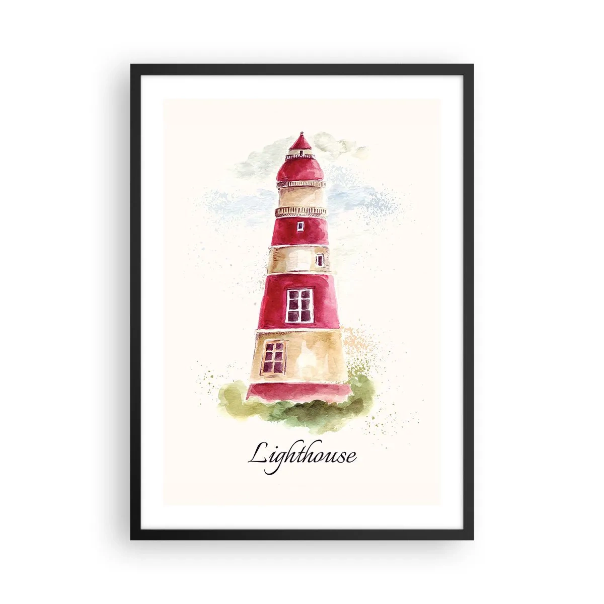 Plagát v čiernom ráme - Akvarelová ilustrácia majáka na svetlom pozadí - 50x70cm - Tu je vždy počasie - Moderná nástenná dekorácia do obývacej izby a spálne ARTTOR
