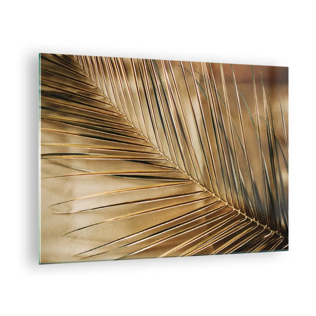 Obraz na skle - Detailný záber na palmový list v zlatistých hnedých tónoch - 70x50cm - Prírodná kolonáda - Moderná nástenná dekorácia do obývacej izby a spálne ARTTOR