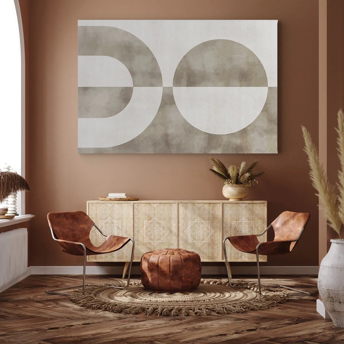 Obraz na plátne - Abstraktný obraz v odtieňoch béžovej s geometrickými tvarmi a symetriou. - 70x50cm - Podobnosti a rozdiely - Moderná nástenná dekorácia do obývacej izby a spálne ARTTOR