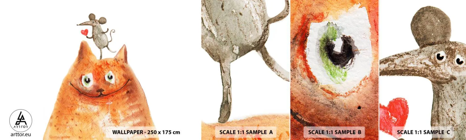 Vzorka samolepiacej fototapety Deluxe Sticker - Paradoxy lásky - Pre deti, Myška, Cat - 100x30 cm