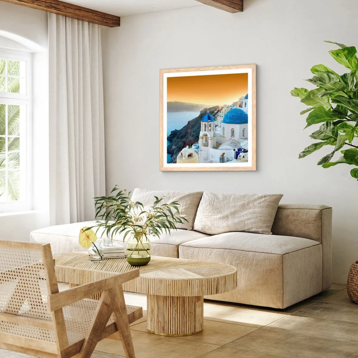 Plagát v ráme zo svetlého duba - Santorini - v náruči skál - 50x50 cm