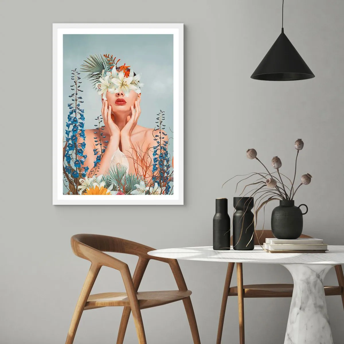 Plagát v bielom ráme - Žena – kvetina - 70x100 cm