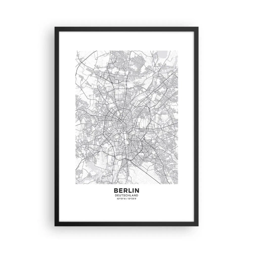 Plagát v čiernom ráme - Čiernobiela mapa Berlína s presne zakreslenými ulicami. - 50x70cm - Kvet Berlína - Moderná nástenná dekorácia do obývacej izby a spálne ARTTOR