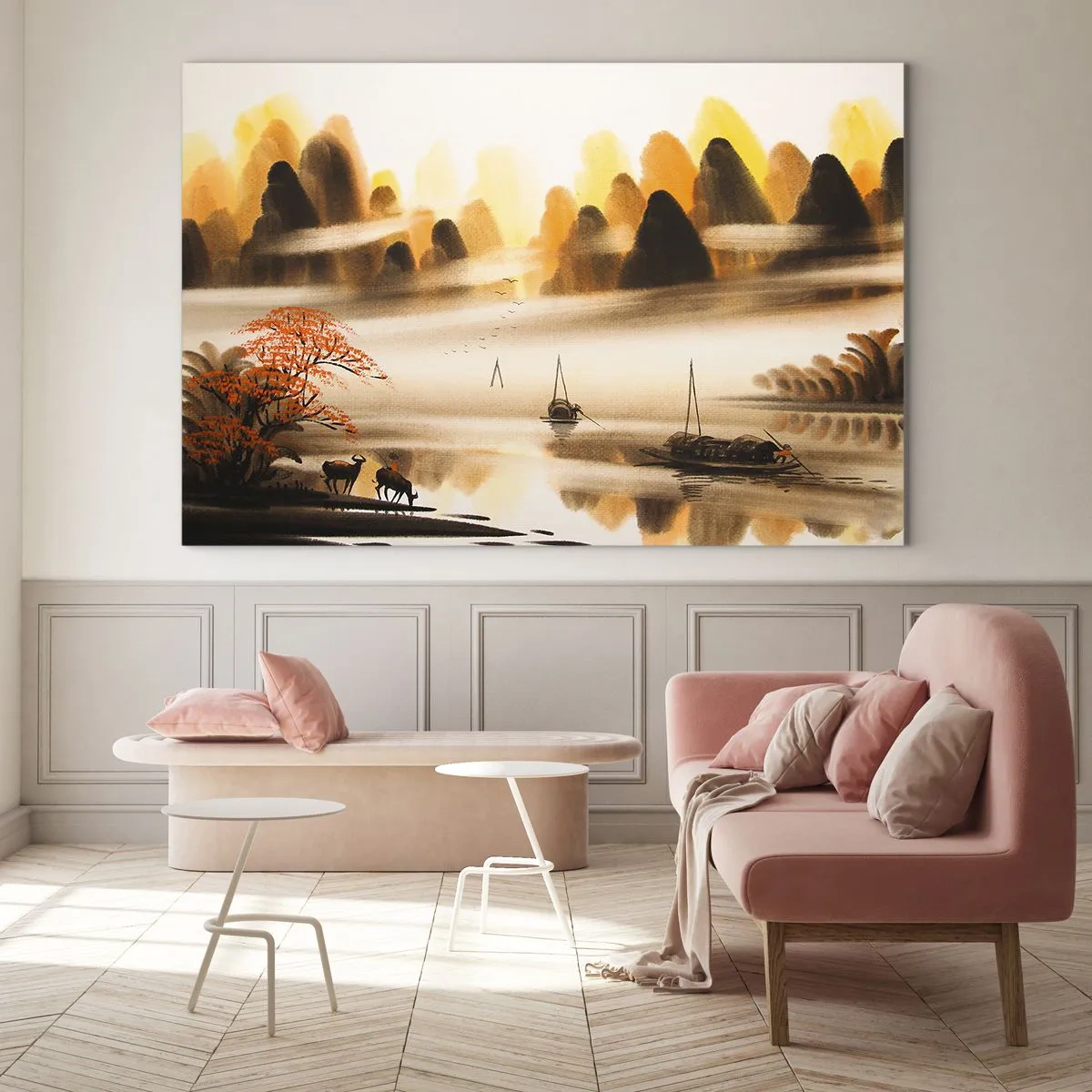 Obraz na skle - Orientálna krajina s loďkami a horami v hmle - 70x50cm - Ďalej ako na Ďalekom východe - Moderná nástenná dekorácia do obývacej izby a spálne ARTTOR