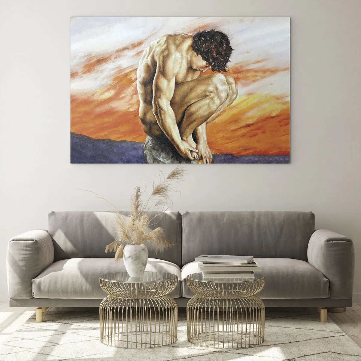 Obraz na skle - Nahé ľudské telo na pozadí intenzívne oranžovej oblohy. - 70x50cm - Ponorený do seba - Moderná nástenná dekorácia do obývacej izby a spálne ARTTOR