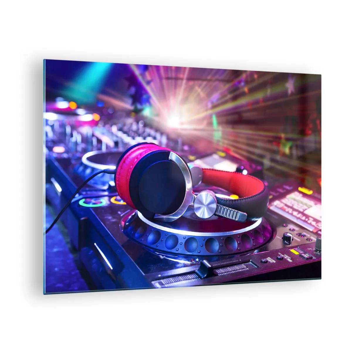 Obraz na skle - DJ vybavenie s farebnými svetlami a slúchadlami - 70x50cm - Bude, bude sa diať - Moderná nástenná dekorácia do obývacej izby a spálne ARTTOR