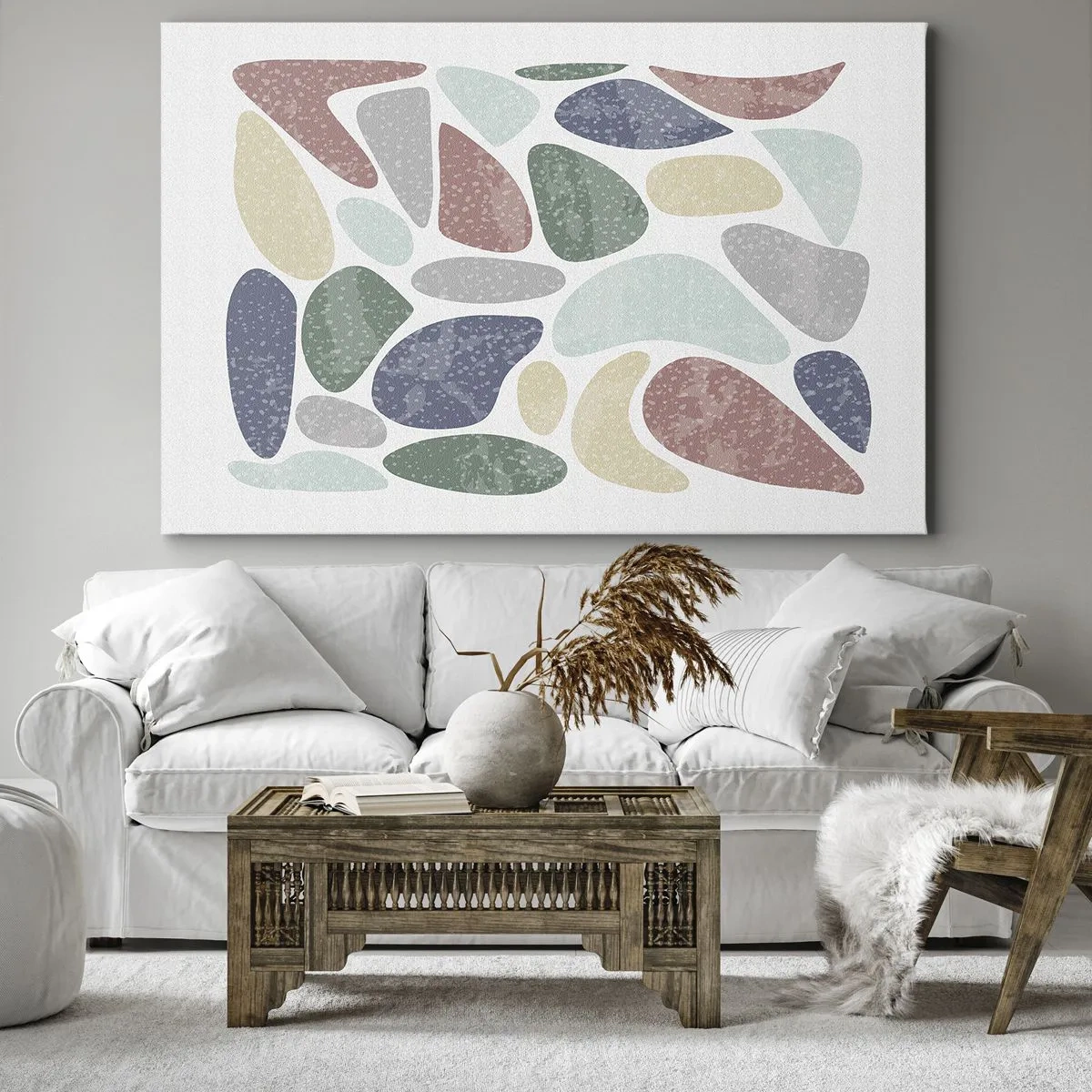 Obraz na plátne - Farebné organické tvary na bielom pozadí - 70x50cm - Mozaika práškových farieb - Moderná nástenná dekorácia do obývacej izby a spálne ARTTOR