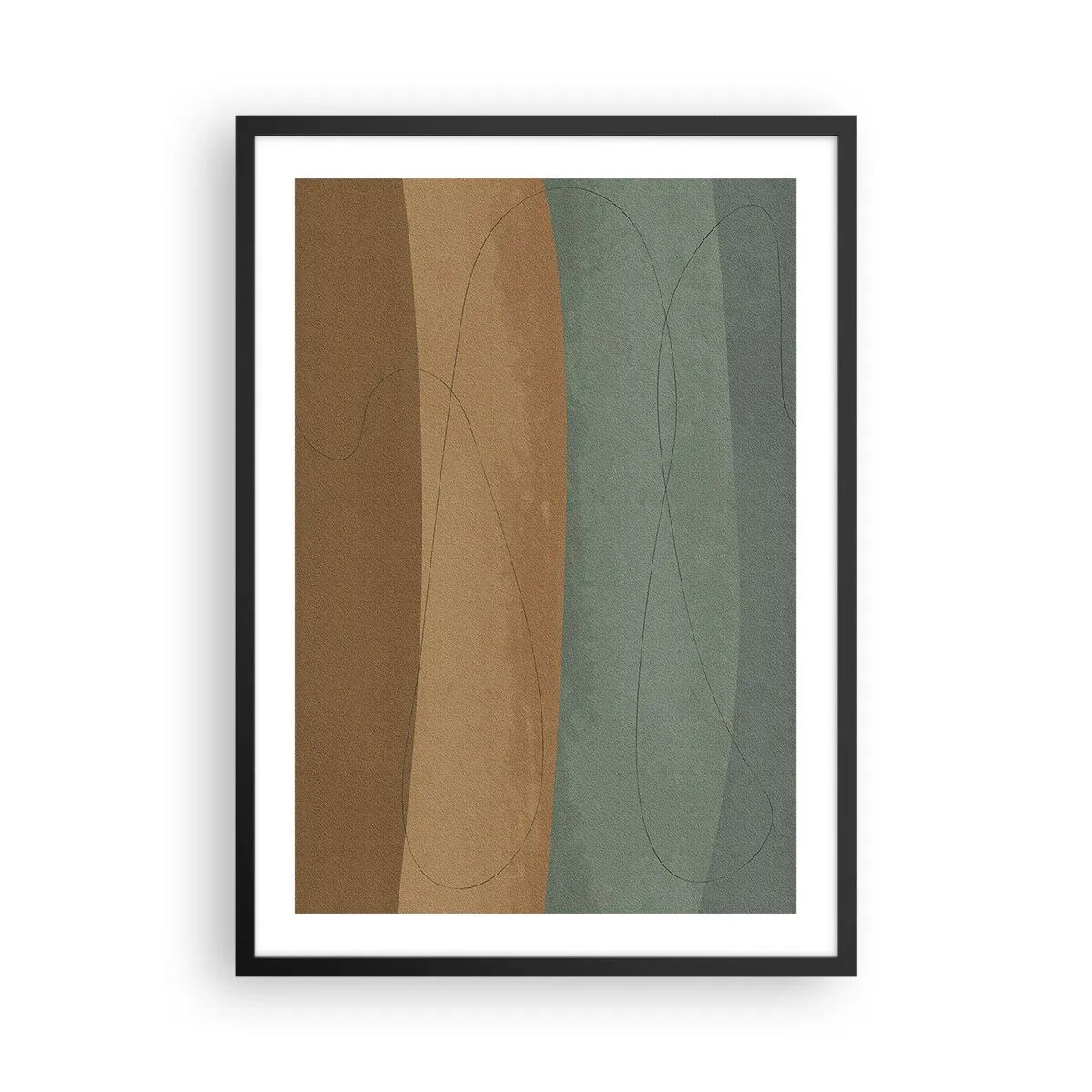 Plagát v čiernom ráme - Organické línie na zemitom a zelenom pozadí - 50x70cm - Horizontálna kompozícia - Moderná nástenná dekorácia do obývacej izby a spálne ARTTOR