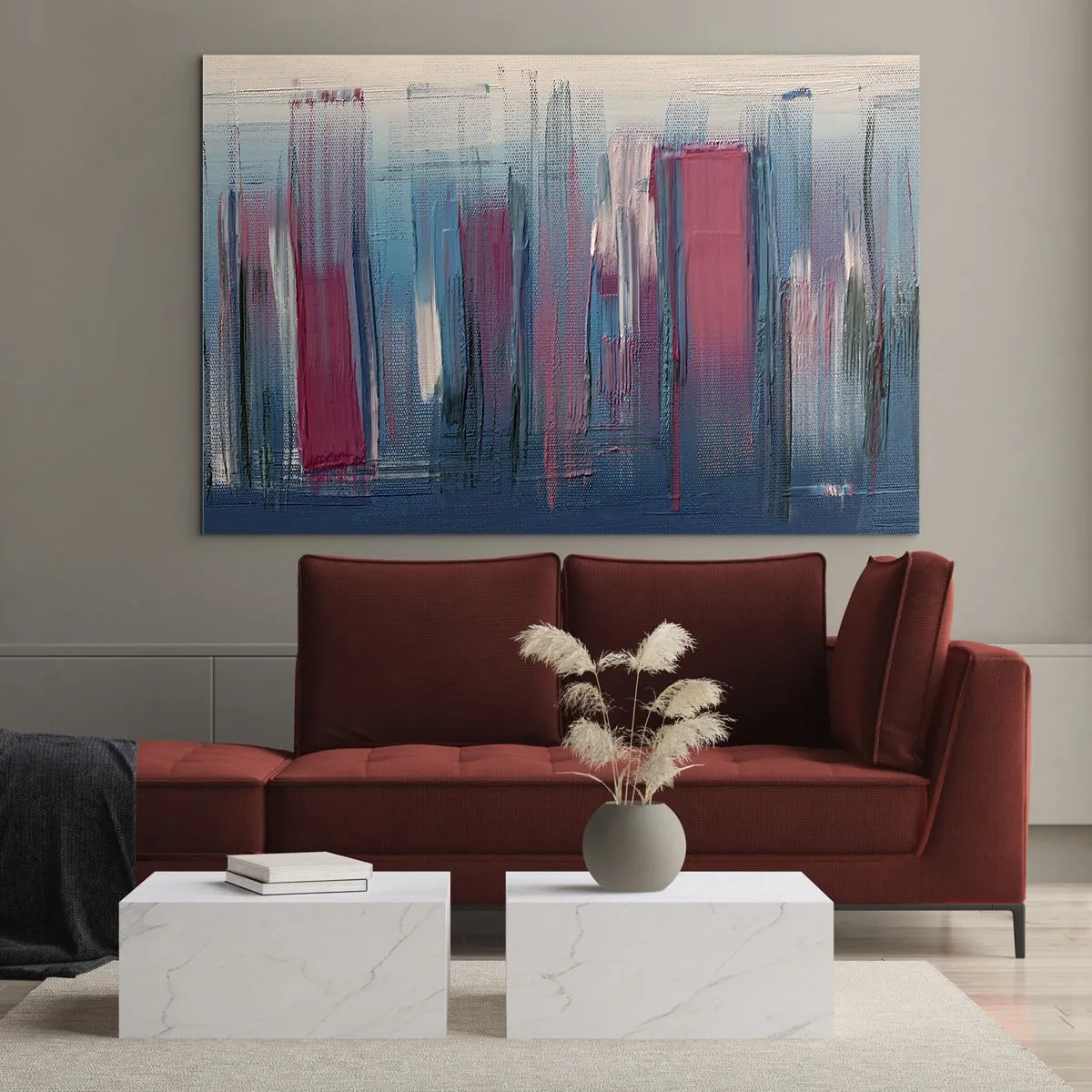 Obraz na skle - Vertikálna kompozícia v modrej a červenej - 100x70 cm