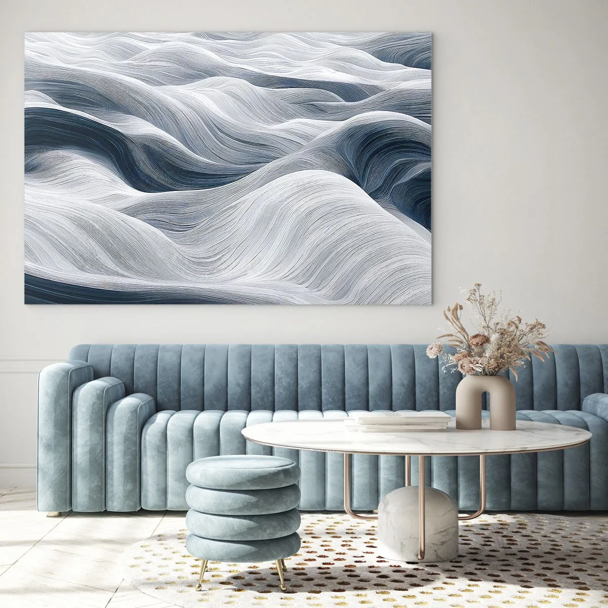 Obraz na skle - Abstraktné vlny v odtieňoch bielej a modrej vytvárajúce efekt pohybu - 70x50cm - Biele a modré vlny - Moderná nástenná dekorácia do obývacej izby a spálne ARTTOR