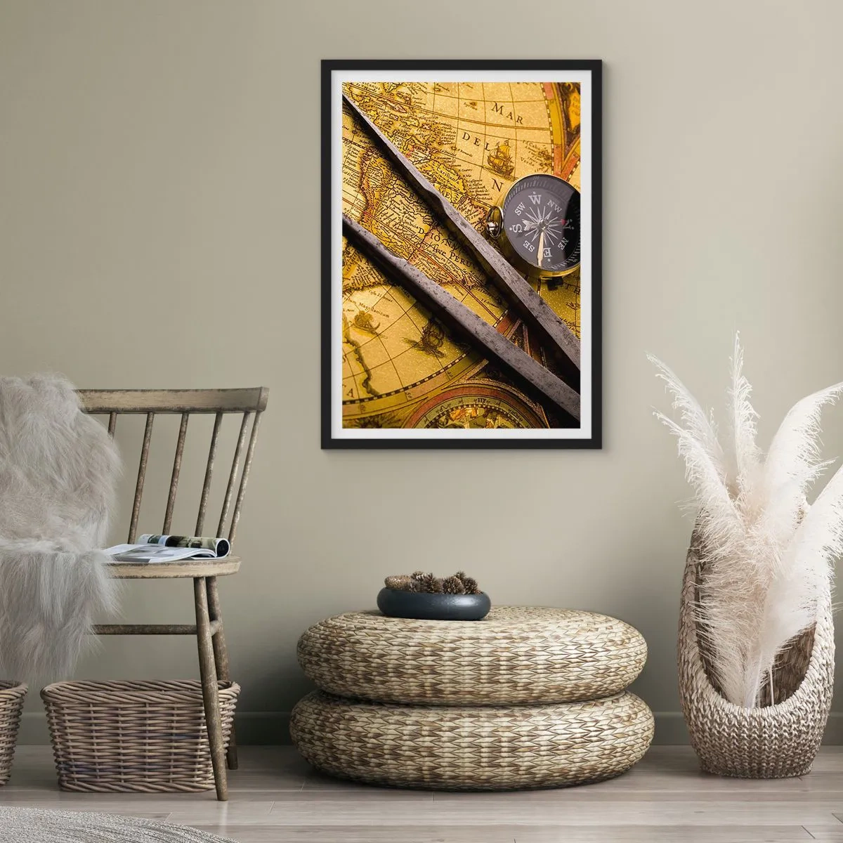Plagát v čiernom ráme - Stará mapa s kompasom a navigačnými nástrojmi - 50x70cm - Kde sú tie poklady? - Moderná nástenná dekorácia do obývacej izby a spálne ARTTOR