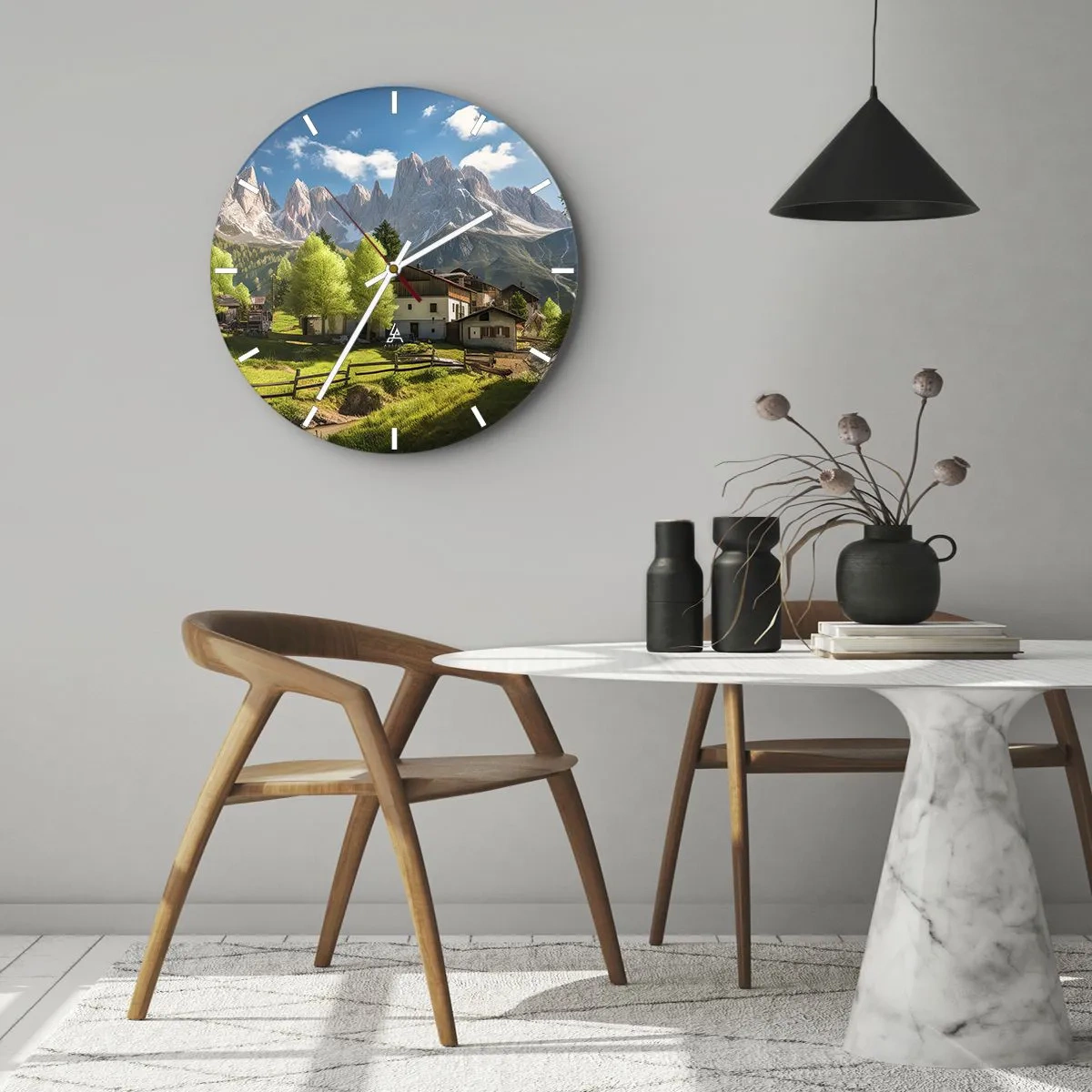 Nástenné hodiny - Vidiecka osada na úpätí hôr za slnečného dňa - 30x30cm - Alpská idyla - Moderná nástenná dekorácia do obývacej izby, kuchyne a spálne ARTTOR