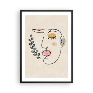 Plagát v čiernom ráme - Minimalistický líniový portrét ženy na béžovom pozadí - 50x70cm - Nájdený pokoj - Moderná nástenná dekorácia do obývacej izby a spálne ARTTOR