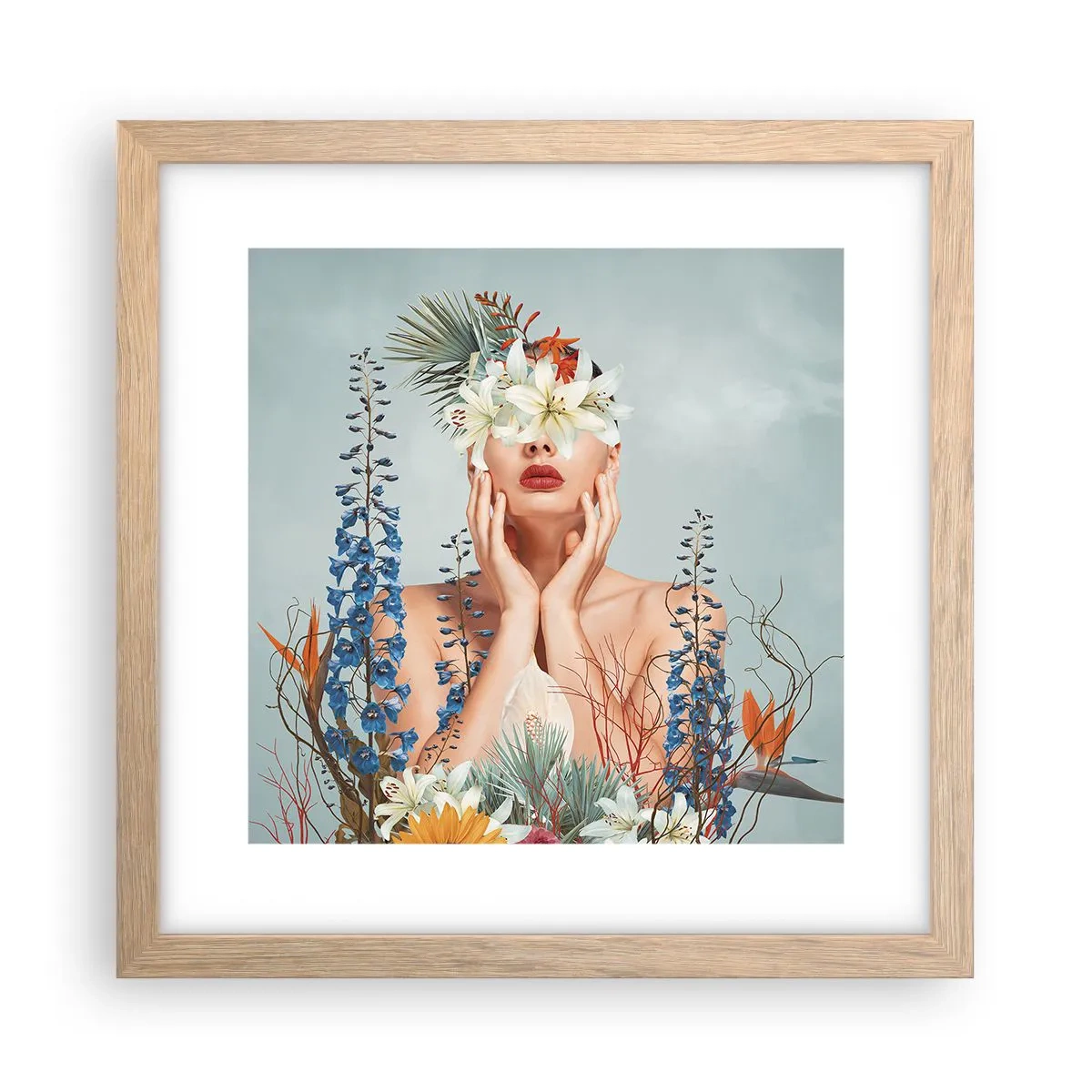 Plagát v ráme zo svetlého duba - Žena – kvetina - 30x30 cm