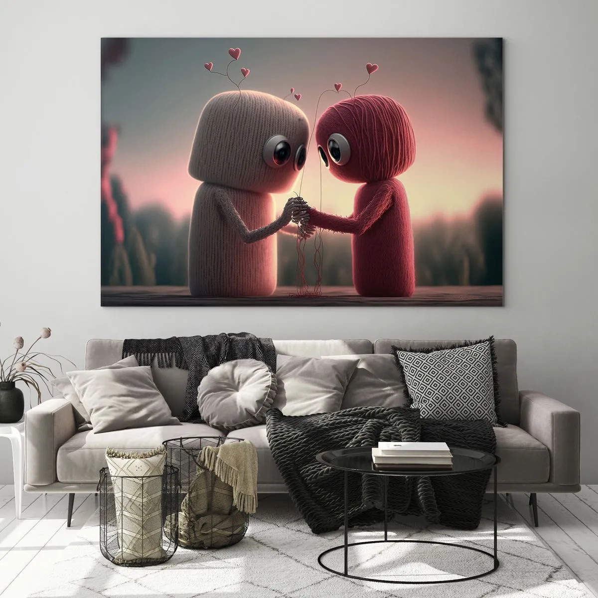 Obraz na skle - Dve postavy z priadze držiace sa za ruky so srdiečkami - 70x50cm - Každý môže milovať - Moderná nástenná dekorácia do obývacej izby a spálne ARTTOR