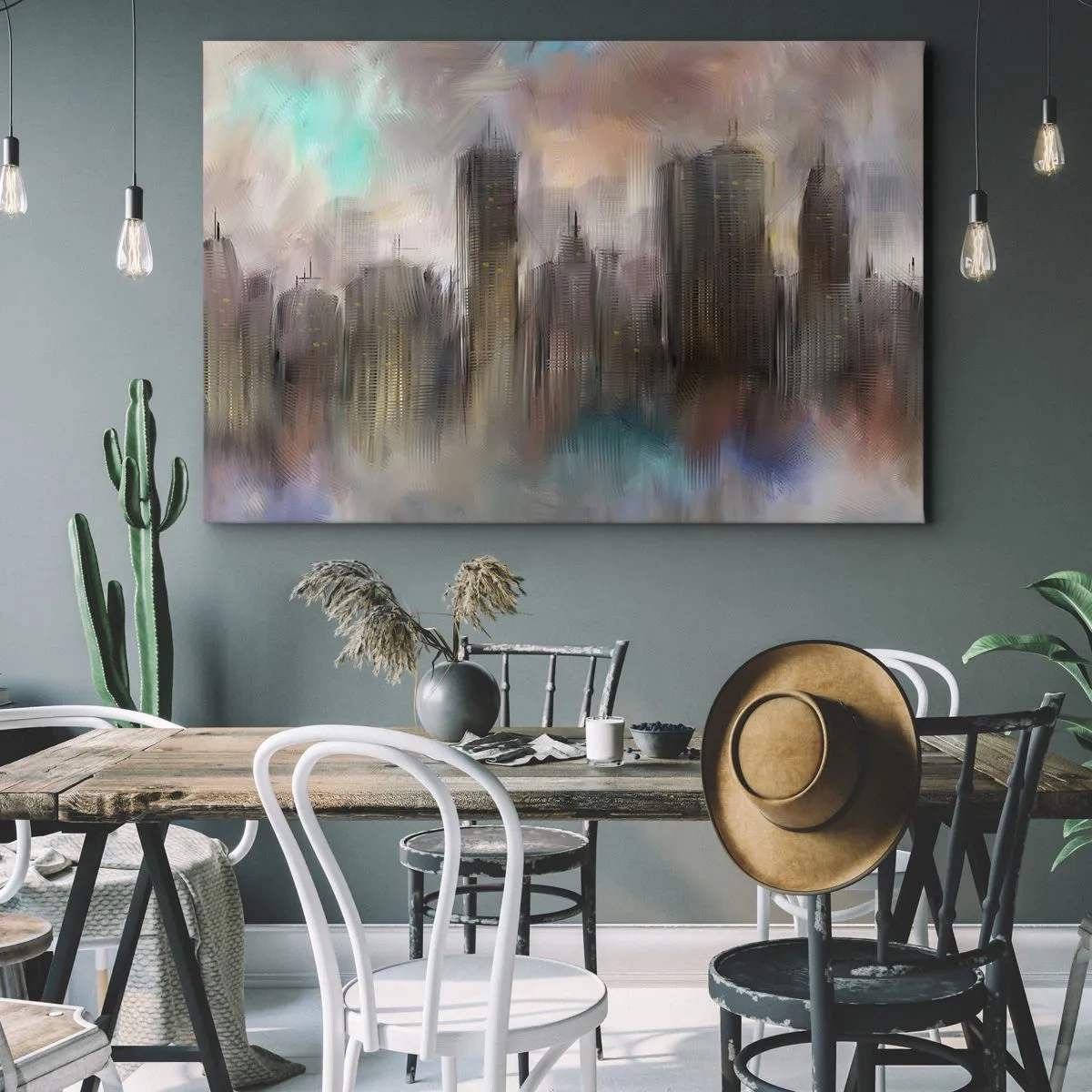 Obraz na plátne - Umelecká vízia mestskej krajiny s mrakodrapmi v pastelových farbách. - 70x50cm - Kompozícia z ocele, kameňa a hmly - Moderná nástenná dekorácia do obývacej izby a spálne ARTTOR