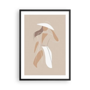 Plagát v čiernom ráme - Minimalistická silueta ženy v klobúku na béžovom pozadí. - 50x70cm - Móda je zábava - Moderná nástenná dekorácia do obývacej izby a spálne ARTTOR