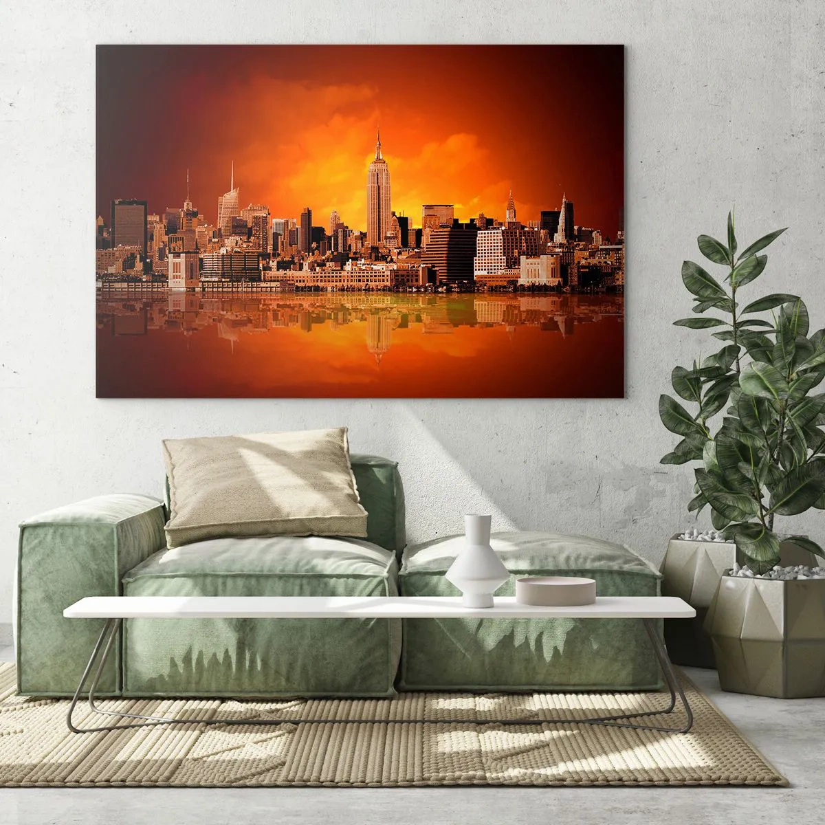 Obraz na skle - Panoráma mesta pri západe slnka - 70x50cm - Panoráma veľkomesta v žltej a hnedej - Moderná nástenná dekorácia do obývacej izby a spálne ARTTOR