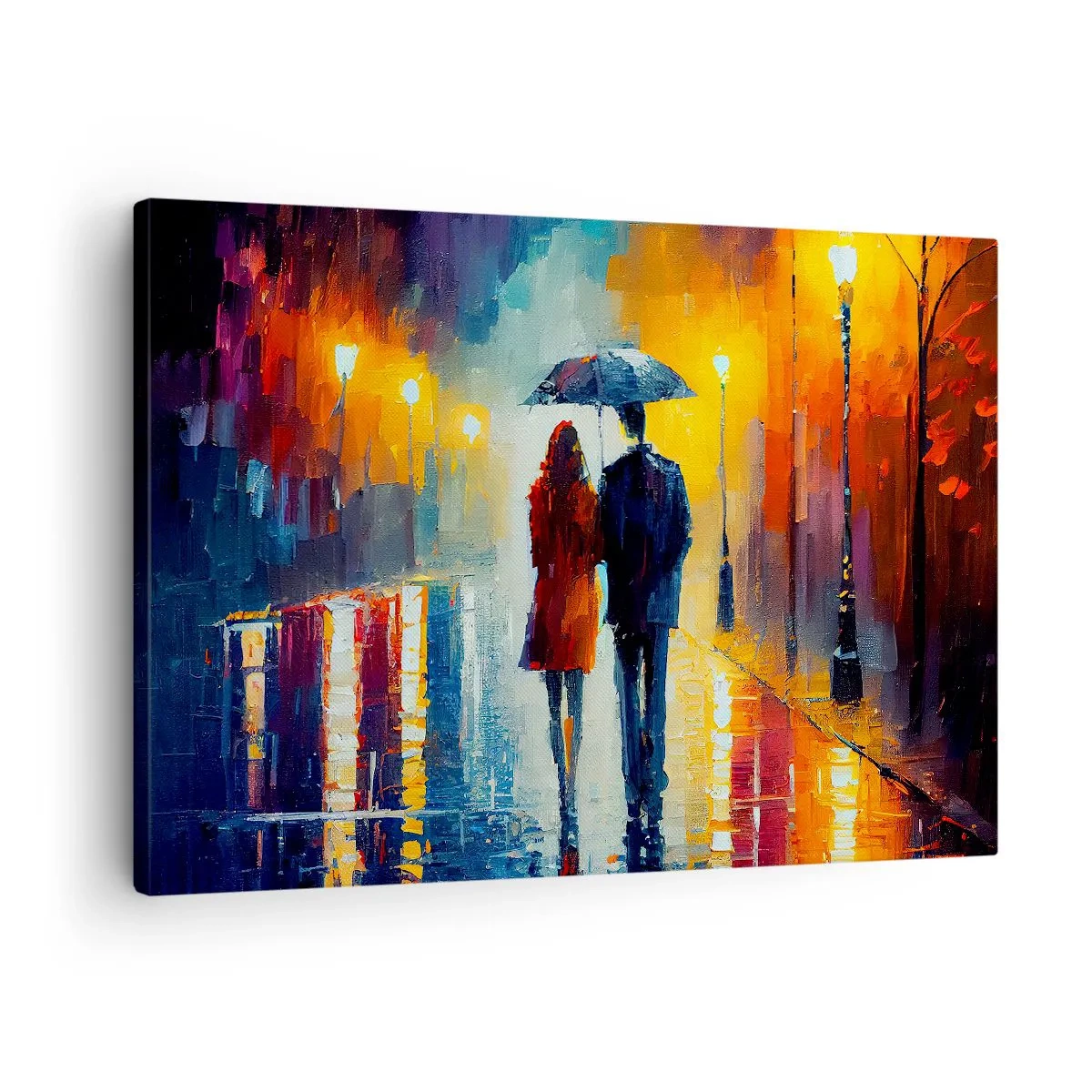 Obraz na plátne - Pár pod dáždnikom prechádzajúci sa farebným nočným mestom - 70x50cm - Spolu – farebná noc - Moderná nástenná dekorácia do obývacej izby a spálne ARTTOR