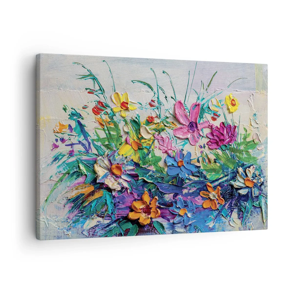 Obraz na plátne - Farebná kytica kvetov maľovaná impasto technikou - 70x50cm - Vôbec nie zátišie - Moderná nástenná dekorácia do obývacej izby a spálne ARTTOR