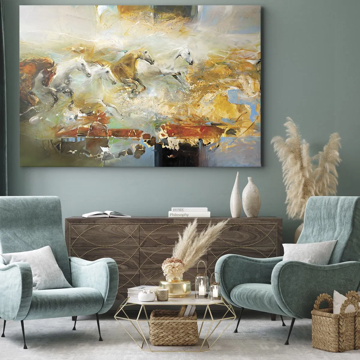 Obraz na plátne - Umelecké kone v dynamickom, farebnom prostredí - 70x50cm - Cvála svetlom - Moderná nástenná dekorácia do obývacej izby a spálne ARTTOR
