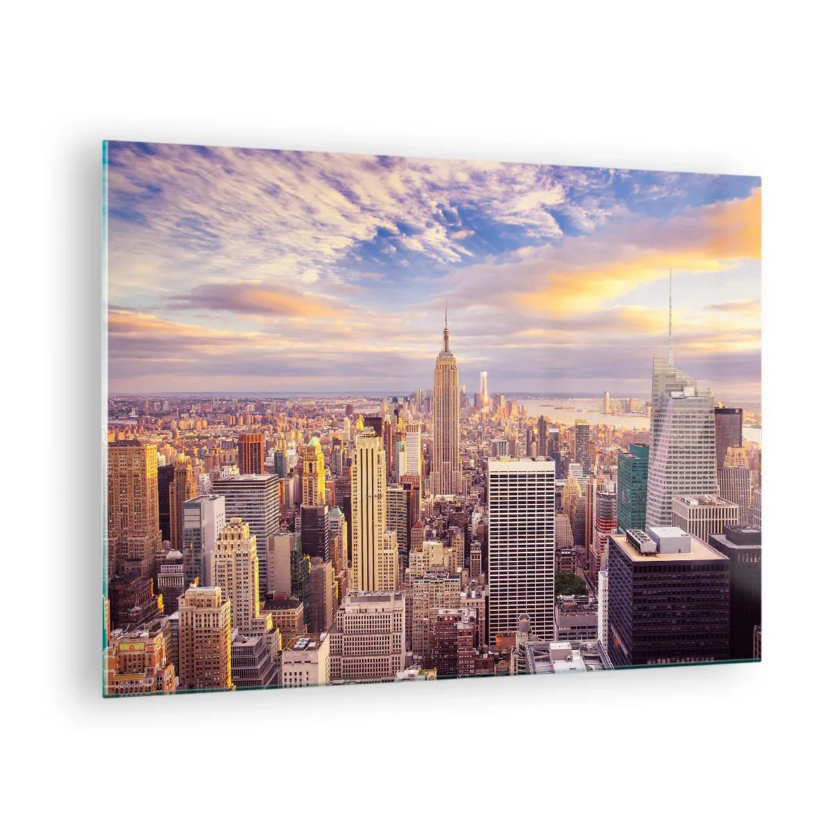 Obraz na skle - Panoráma mesta s mrakodrapmi pri západe slnka - 70x50cm - Dosiahnuť samotné oblaky - Moderná nástenná dekorácia do obývacej izby a spálne ARTTOR