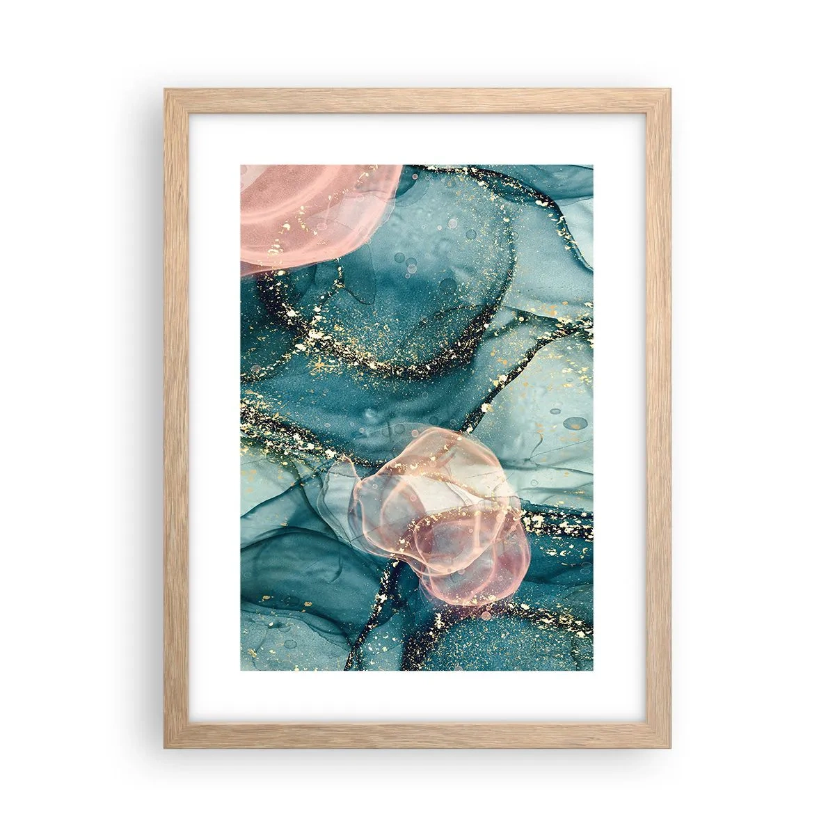 Plagát v ráme zo svetlého duba - Modré hodváb modré, ružový tyl - 30x40 cm