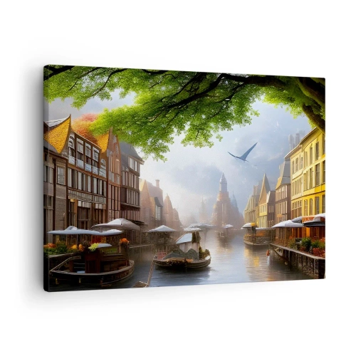 Obraz na plátne - Malebná holandská krajina s kanálom a činžiakovými domami - 70x50cm - Holandská mestská krajinka - Moderná nástenná dekorácia do obývacej izby a spálne ARTTOR