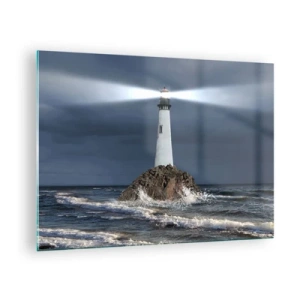 Obraz na skle - Maják na skale uprostred rozbúrených vĺn v noci - 70x50cm - Tu…tu…tuná! - Moderná nástenná dekorácia do obývacej izby a spálne ARTTOR