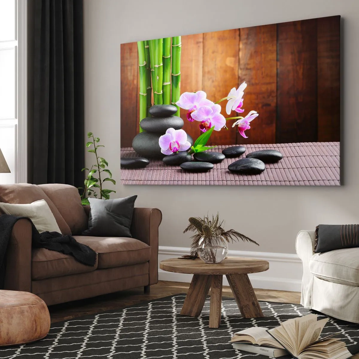 Obraz na plátne - Bambus v zenovom štýle, kamene a ružové orchidey na drevenom pozadí - 70x50cm - Zoznámte sa s potešením východu - Moderná nástenná dekorácia do obývacej izby a spálne ARTTOR