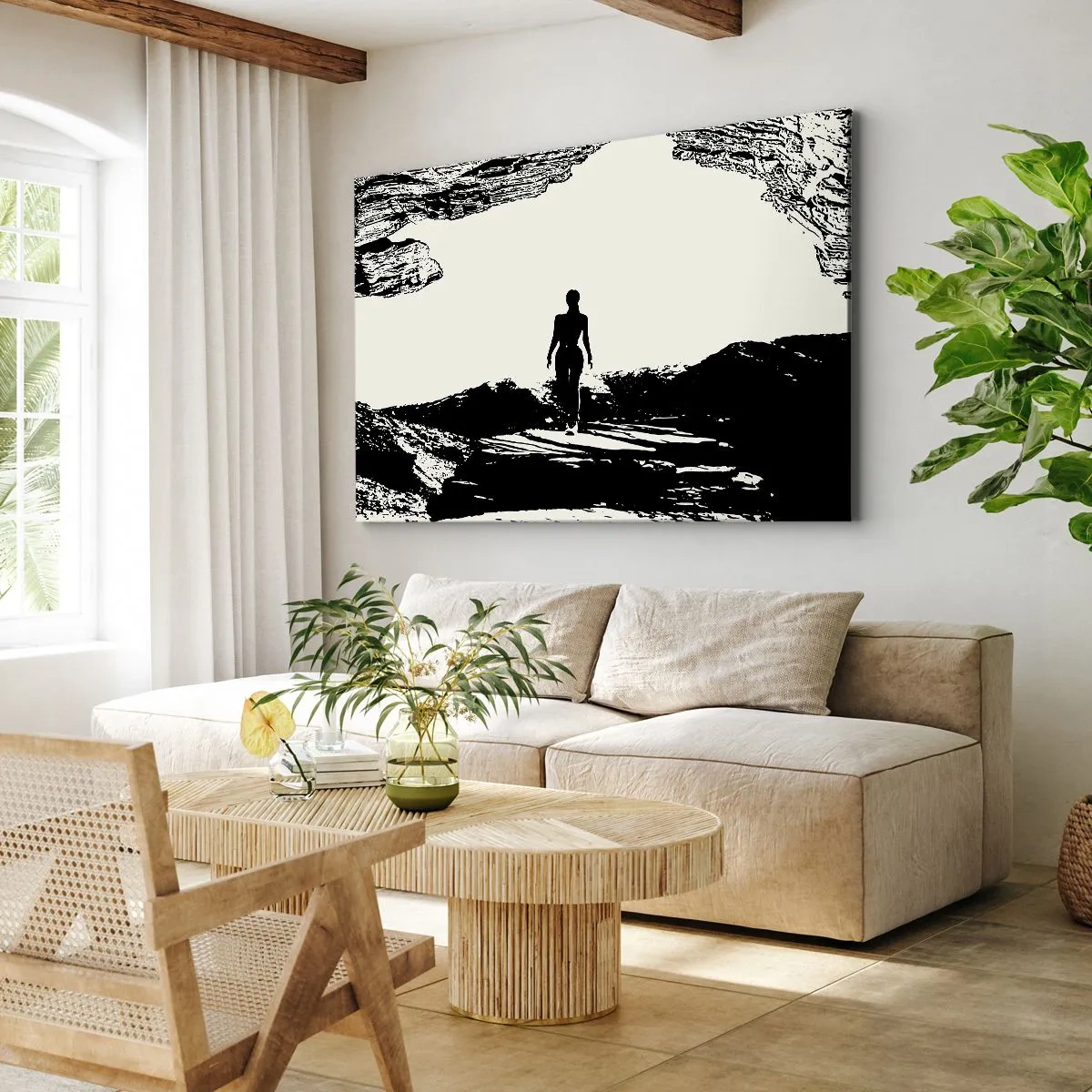 Obraz na plátne - Čierna a biela silueta ženy v jaskyni proti oblohe - 70x50cm - Nový pohľad - Moderná nástenná dekorácia do obývacej izby a spálne ARTTOR