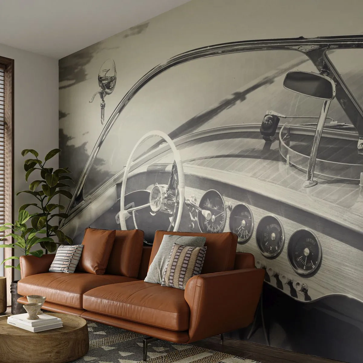 Fototapeta Premium Sand - Počasie pre bohatých - Vintage loď, Motorový čln, Čierna a biela - 200x140 cm