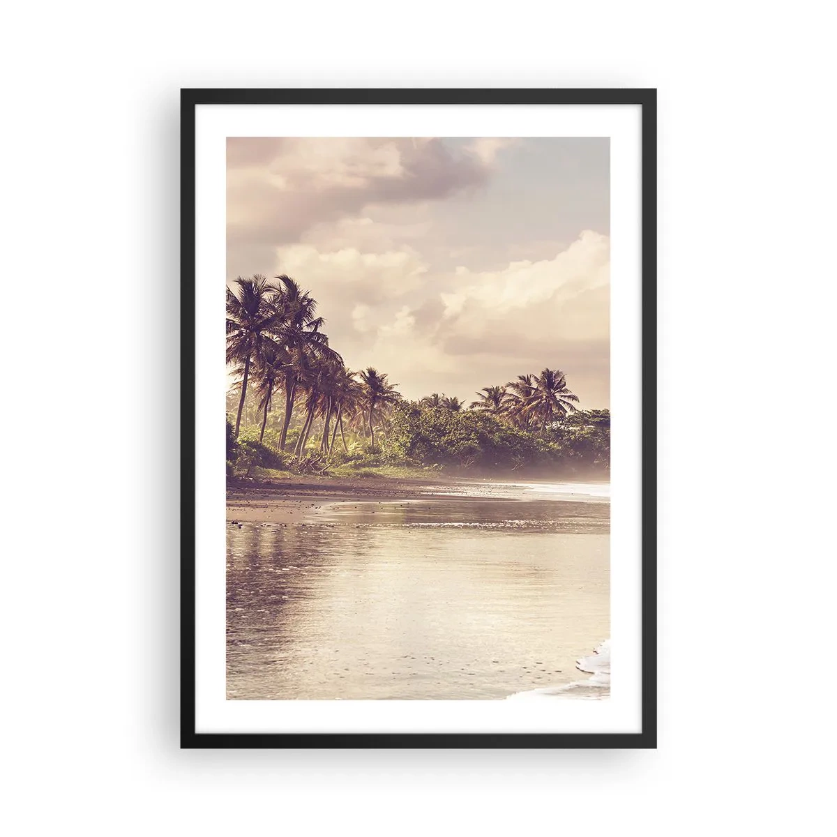 Plagát v čiernom ráme - Tropická pláž pri západe slnka s palmami - 50x70cm - Pohladenie vĺn - Moderná nástenná dekorácia do obývacej izby a spálne ARTTOR