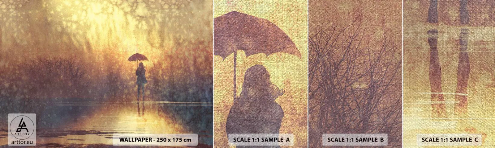 Vzorka fototapety Premium Canvas - Cítim, že sa na mňa niekto pozerá - Abstrakcia, Žena, Prechádzka v daždi - 100x30 cm