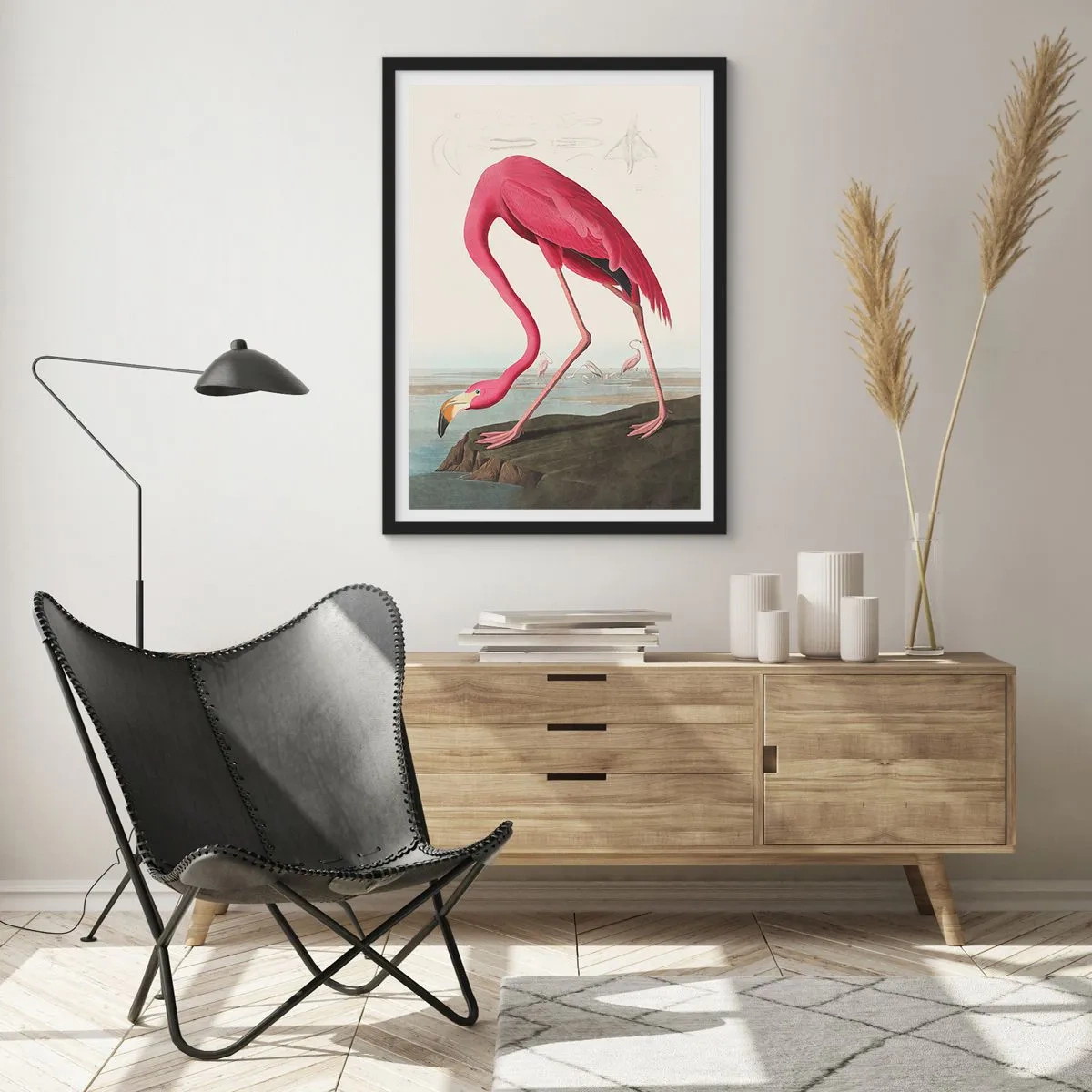 Plagát v čiernom ráme - Ružový plameniak na pozadí prírodnej krajiny - 50x70cm - Úžasná tvora - Moderná nástenná dekorácia do obývacej izby a spálne ARTTOR