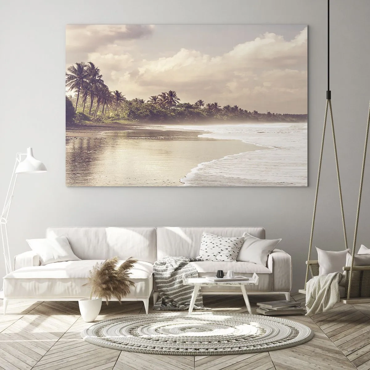 Obraz na skle - Zlatá pláž s palmami a pokojným oceánom v jemnom svetle - 70x50cm - Pohladenie vĺn - Moderná nástenná dekorácia do obývacej izby a spálne ARTTOR